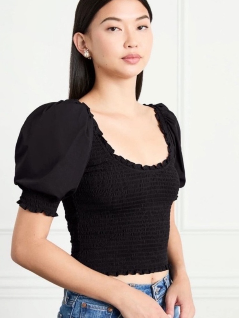 Hill House Black Smocked Puff-Sleeve Crop Top